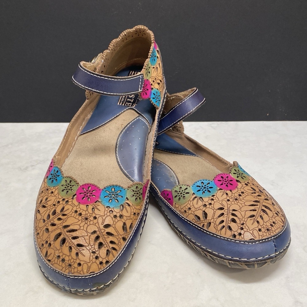 L'Artiste Spring Step Mary Jane Leather Flats Tan/Navy Boho 8.5 US 39 Shoes